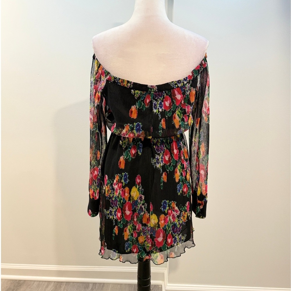 Michael Costello x REVOLVE Floral Off Shoulder Pleated Dahlia Mini Dress Black - Picture 3 of 9